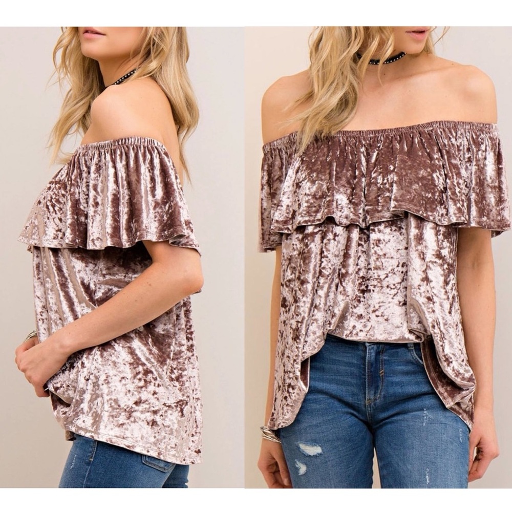 Crush Velvet Off The Shoulder Ruffle Top